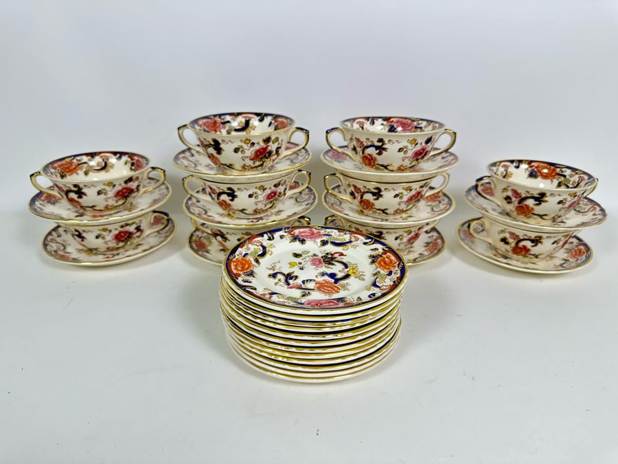 Mason's Ironstone Mandalay Pattern Blue Multicolor (10) Double Handled Flat Cream Soup Bowls With Saucer And (12) 6 3/4 Bread & Butter Plates Made In England [Photo 2]