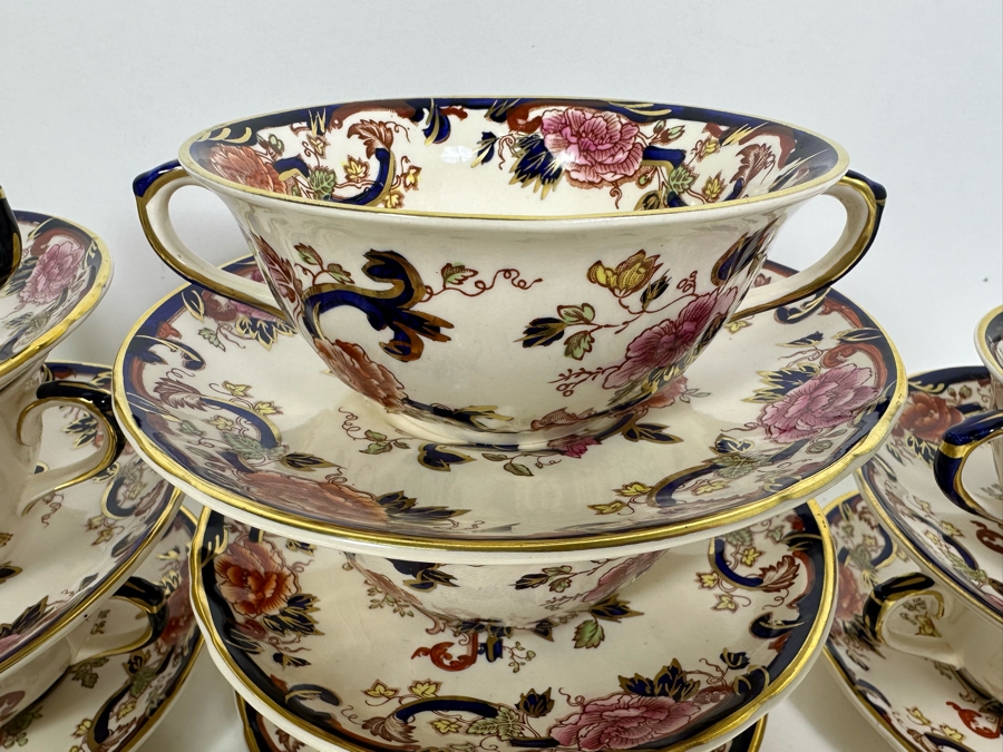 Mason's Ironstone Mandalay Pattern Blue Multicolor (10) Double Handled Flat Cream Soup Bowls With Saucer And (12) 6 3/4 Bread & Butter Plates Made In England [Photo 3]
