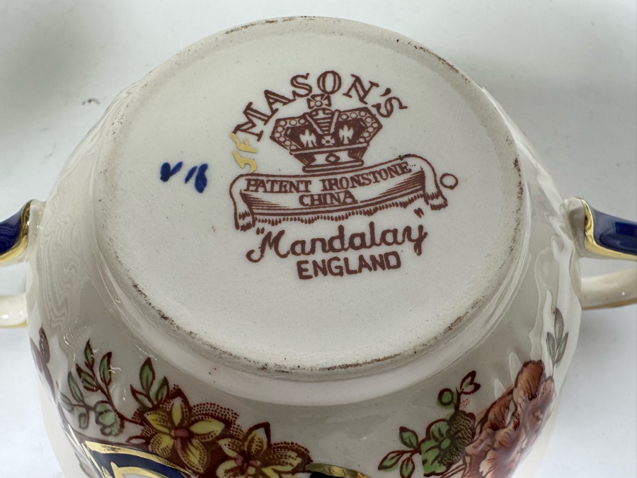 Mason's Ironstone Mandalay Pattern Blue Multicolor (10) Double Handled Flat Cream Soup Bowls With Saucer And (12) 6 3/4 Bread & Butter Plates Made In England [Photo 8]