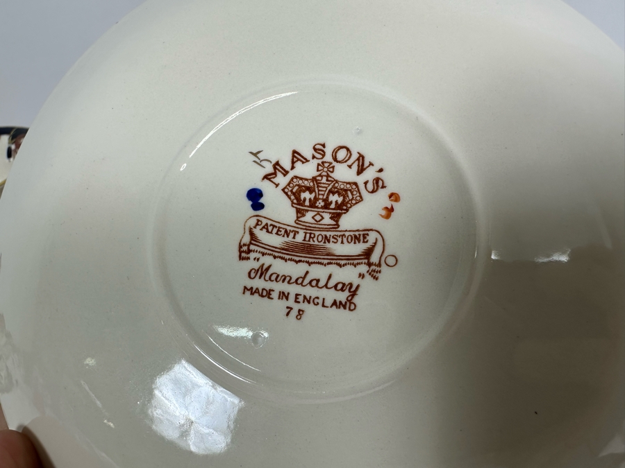 Mason's Ironstone Mandalay Pattern Blue Multicolor (10) Double Handled Flat Cream Soup Bowls With Saucer And (12) 6 3/4 Bread & Butter Plates Made In England [Photo 9]