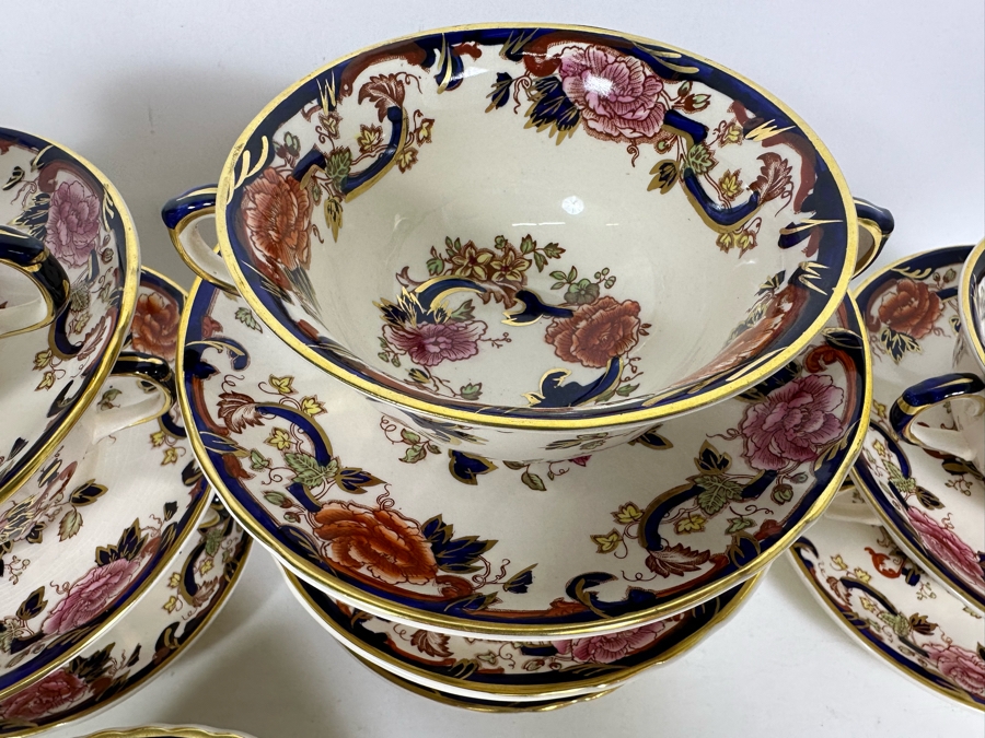 Mason's Ironstone Mandalay Pattern Blue Multicolor (10) Double Handled Flat Cream Soup Bowls With Saucer And (12) 6 3/4 Bread & Butter Plates Made In England [Photo 4]