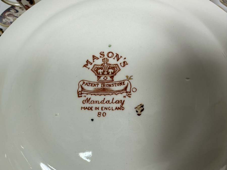 Mason's Ironstone Mandalay Pattern Blue Multicolor (10) Double Handled Flat Cream Soup Bowls With Saucer And (12) 6 3/4 Bread & Butter Plates Made In England [Photo 6]