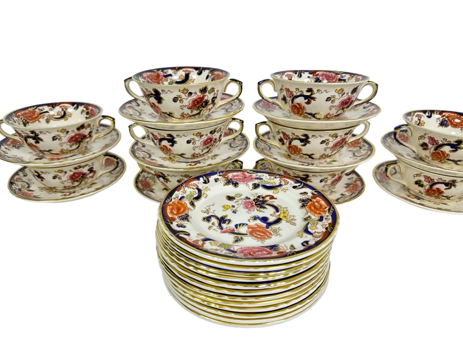 Mason's Ironstone Mandalay Pattern Blue Multicolor (10) Double Handled Flat Cream Soup Bowls With Saucer And (12) 6 3/4 Bread & Butter Plates Made In England