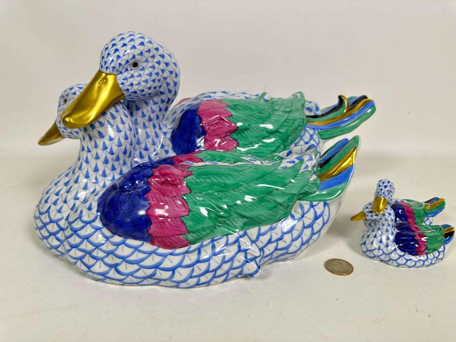 Rare Large Herend Pair Of Ducks Figurine 15W X 8H & Matching Rare Large Herend Pair Of Ducks Figurine 15W X 8H & Matching
