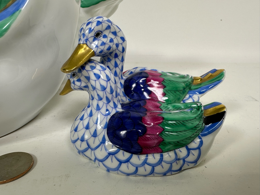 Rare Large Herend Pair Of Ducks Figurine 15W X 8H & Matching Small Figurine 4.25W X 3H Handmade And Handpainted With 24K Gold Accents From Hungary - Retails Over $2,800 [Photo 9]