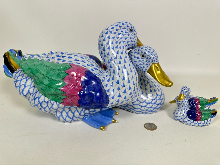 Rare Large Herend Pair Of Ducks Figurine 15W X 8H & Matching Small Figurine 4.25W X 3H Handmade And Handpainted With 24K Gold Accents From Hungary - Retails Over $2,800 [Photo 4]
