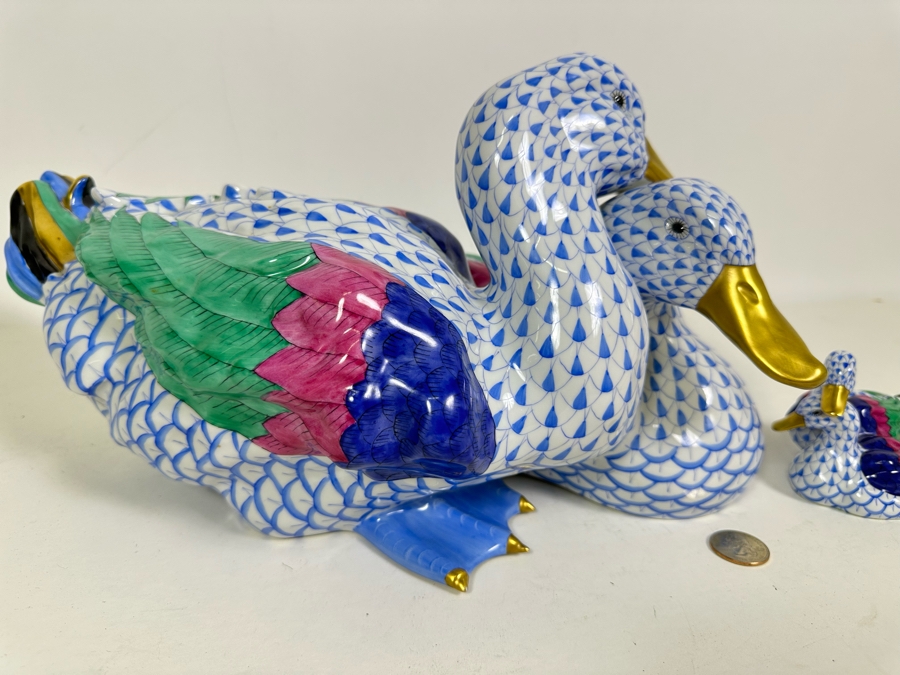 Rare Large Herend Pair Of Ducks Figurine 15W X 8H & Matching Small Figurine 4.25W X 3H Handmade And Handpainted With 24K Gold Accents From Hungary - Retails Over $2,800 [Photo 7]