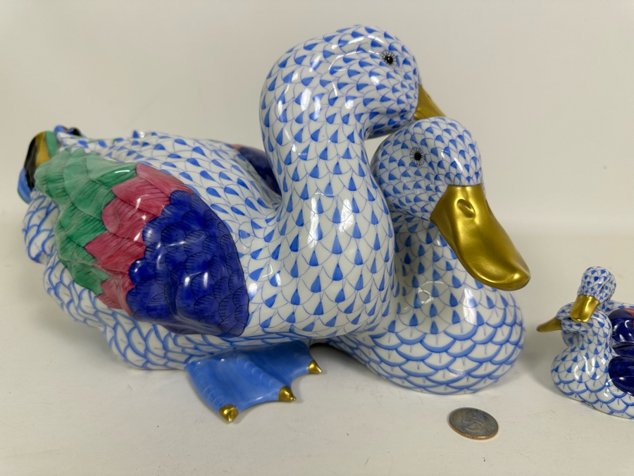 Rare Large Herend Pair Of Ducks Figurine 15W X 8H & Matching Small Figurine 4.25W X 3H Handmade And Handpainted With 24K Gold Accents From Hungary - Retails Over $2,800 [Photo 6]