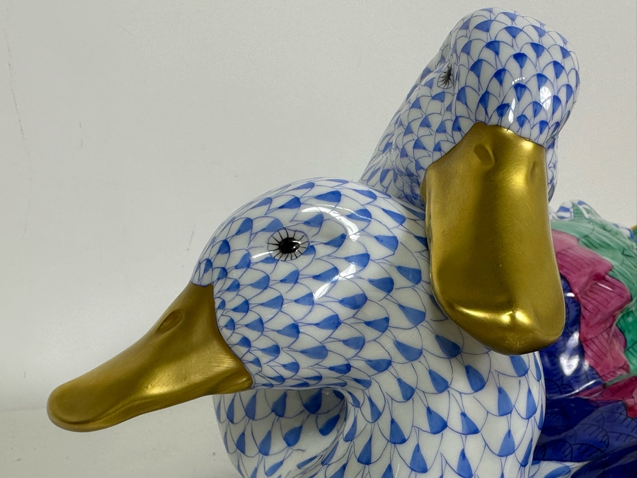 Rare Large Herend Pair Of Ducks Figurine 15W X 8H & Matching Small Figurine 4.25W X 3H Handmade And Handpainted With 24K Gold Accents From Hungary - Retails Over $2,800 [Photo 19]