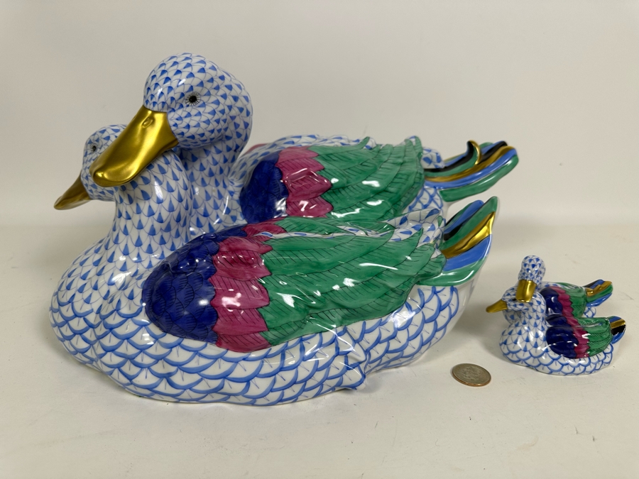 Rare Large Herend Pair Of Ducks Figurine 15W X 8H & Matching Small Figurine 4.25W X 3H Handmade And Handpainted With 24K Gold Accents From Hungary - Retails Over $2,800 [Photo 8]