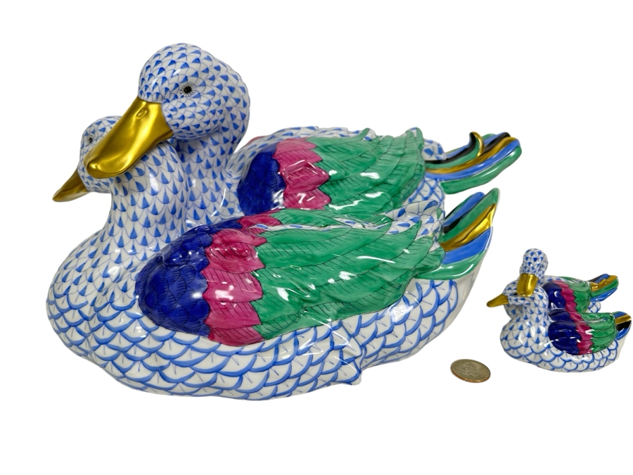 Rare Large Herend Pair Of Ducks Figurine 15W X 8H & Matching Small Figurine 4.25W X 3H Handmade And Handpainted With 24K Gold Accents From Hungary - Retails Over $2,800 [Photo 1]