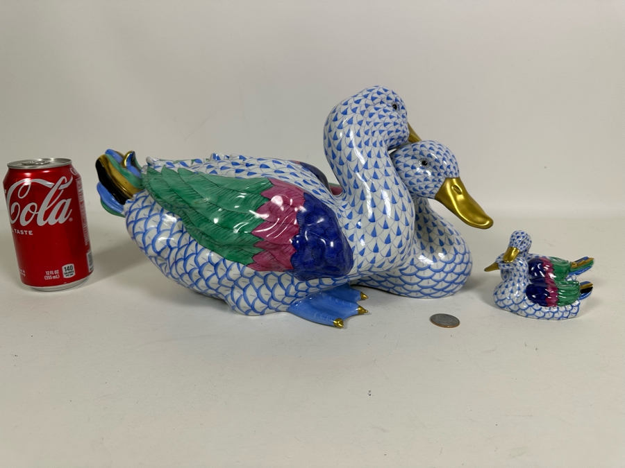 Rare Large Herend Pair Of Ducks Figurine 15W X 8H & Matching Small Figurine 4.25W X 3H Handmade And Handpainted With 24K Gold Accents From Hungary - Retails Over $2,800 [Photo 5]