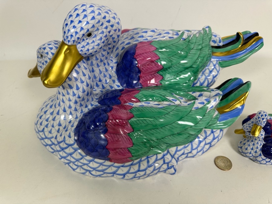 Rare Large Herend Pair Of Ducks Figurine 15W X 8H & Matching Small Figurine 4.25W X 3H Handmade And Handpainted With 24K Gold Accents From Hungary - Retails Over $2,800 [Photo 3]