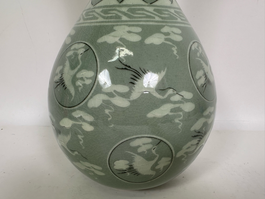 Signed Korean Celadon Porcelain Vase Decorated With Cranes 12.5H [Photo 5]