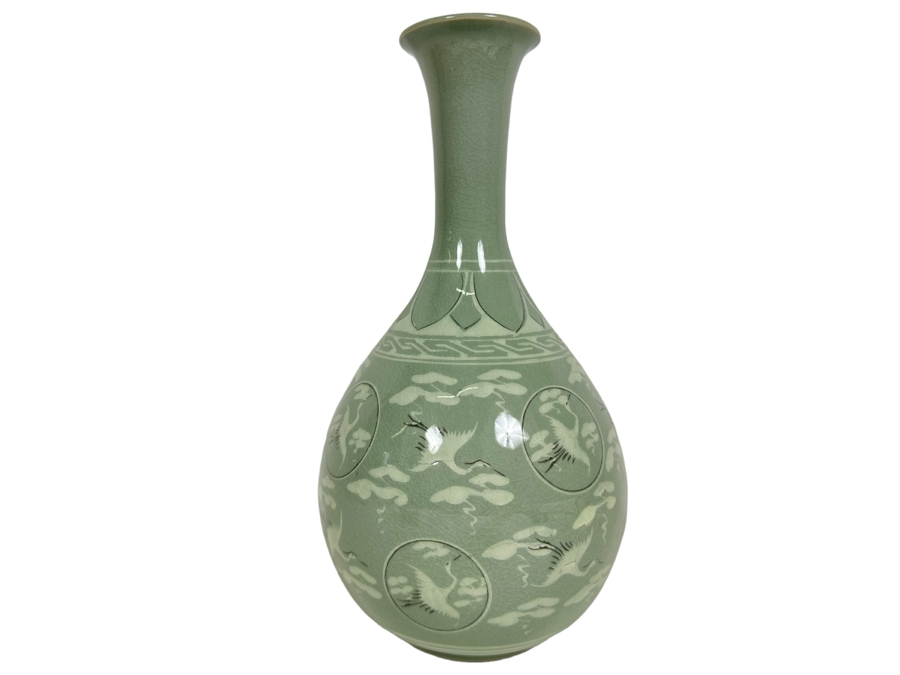 Signed Korean Celadon Porcelain Vase Decorated With Cranes 12.5H [Photo 1]