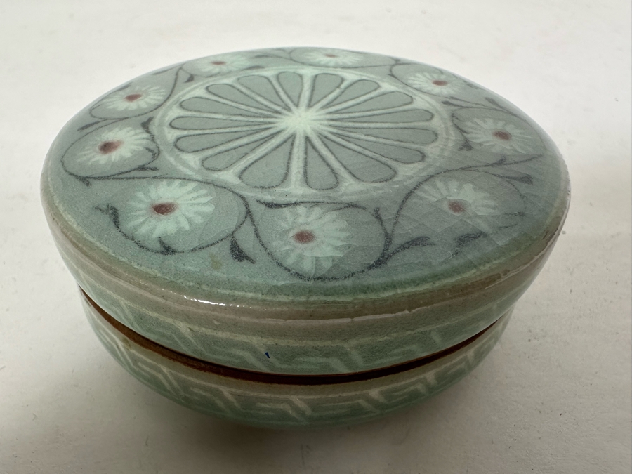 Signed Korean Celadon Porcelain Lidded Box 3R X 1.25H [Photo 2]