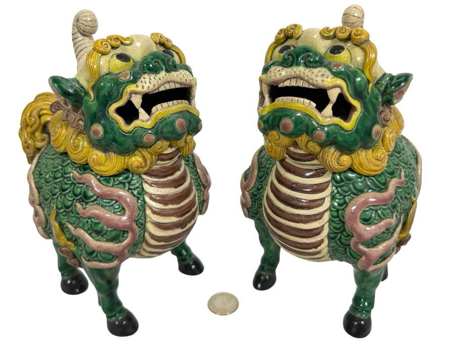 Signed Pair Of Foo Dog Censer Incense Burners 7W X 5D X 9H