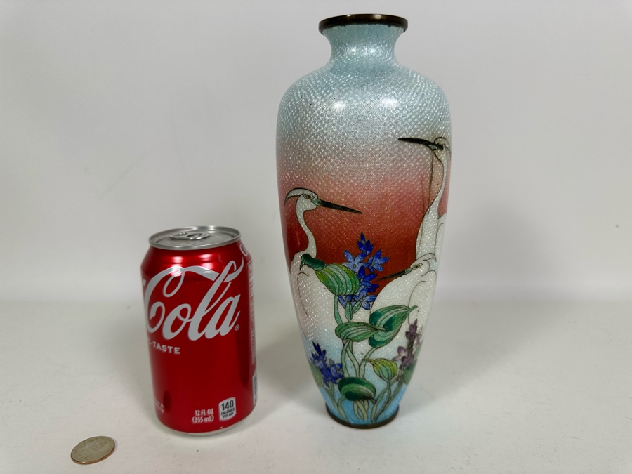 Vintage Japanese Cloisonne Vase Decorated With Cranes 9.5H [Photo 10]