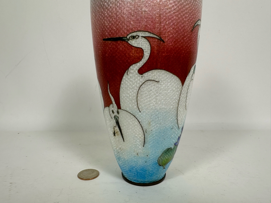 Vintage Japanese Cloisonne Vase Decorated With Cranes 9.5H [Photo 8]