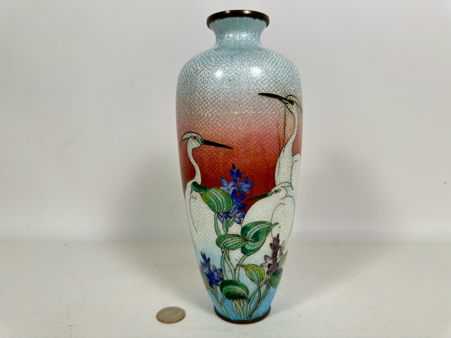 Vintage Japanese Cloisonne Vase Decorated With Cranes 9.5H [Photo 7]