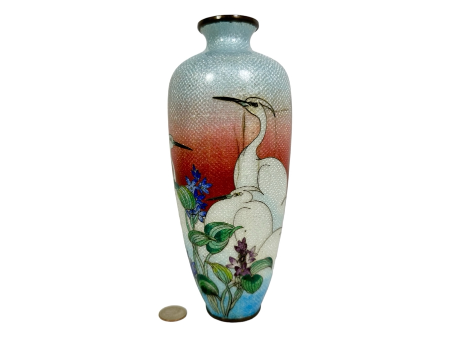 Vintage Japanese Cloisonne Vase Decorated With Cranes 9.5H [Photo 1]