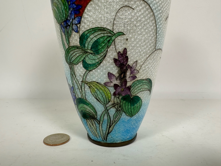 Vintage Japanese Cloisonne Vase Decorated With Cranes 9.5H [Photo 4]