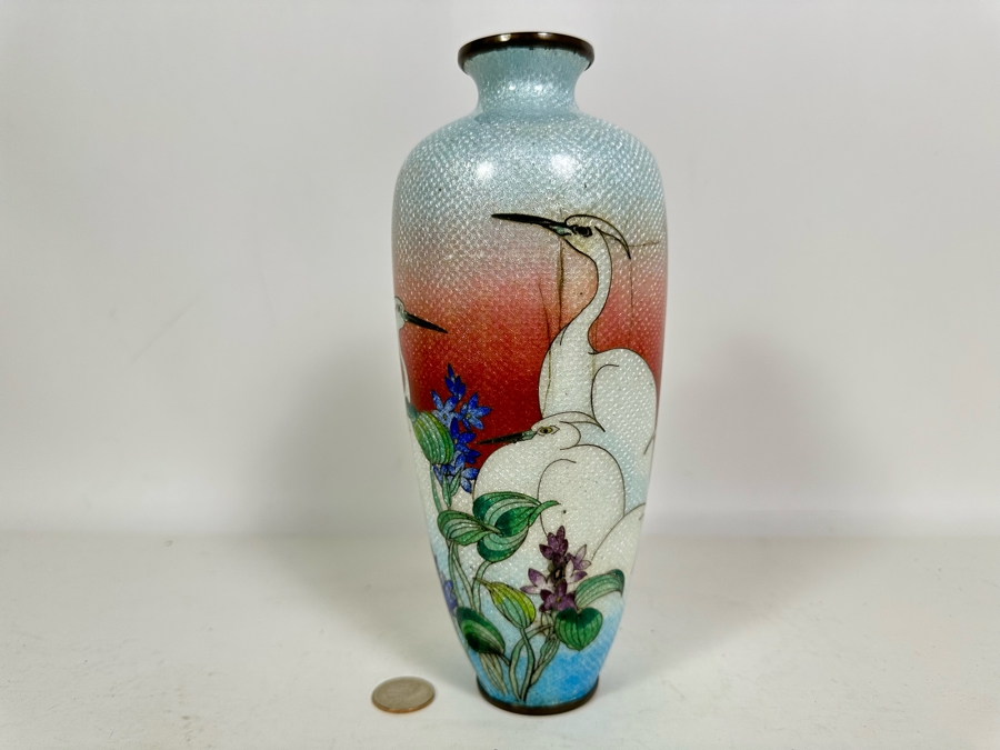 Vintage Japanese Cloisonne Vase Decorated With Cranes 9.5H [Photo 2]