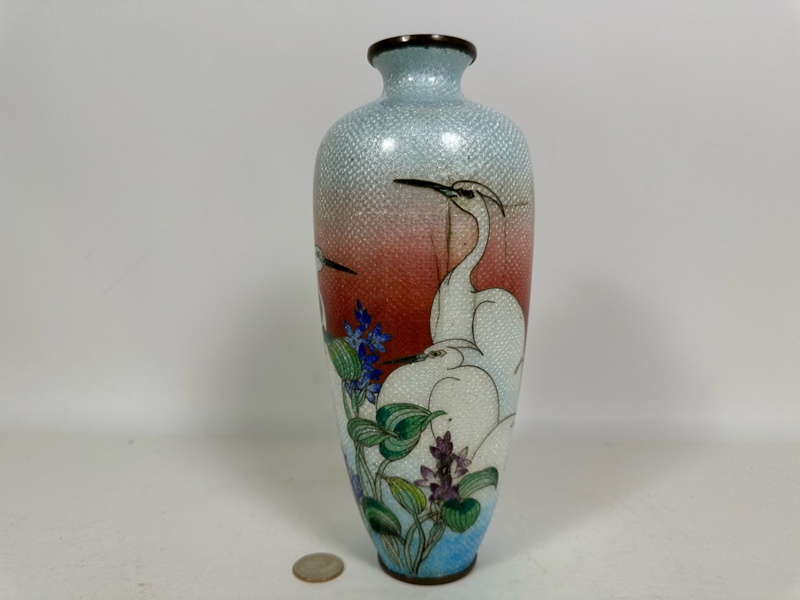 Vintage Japanese Cloisonne Vase Decorated With Cranes 9.5H [Photo 3]