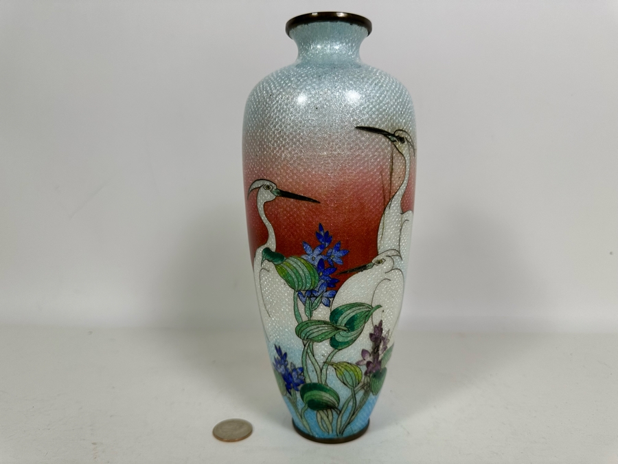 Vintage Japanese Cloisonne Vase Decorated With Cranes 9.5H [Photo 6]