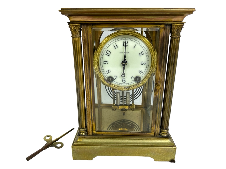 Civil War Era Brass Seth Thomas Porcelain Dial Mantle Clock Working 6.75W X 5.25D X 9.25H