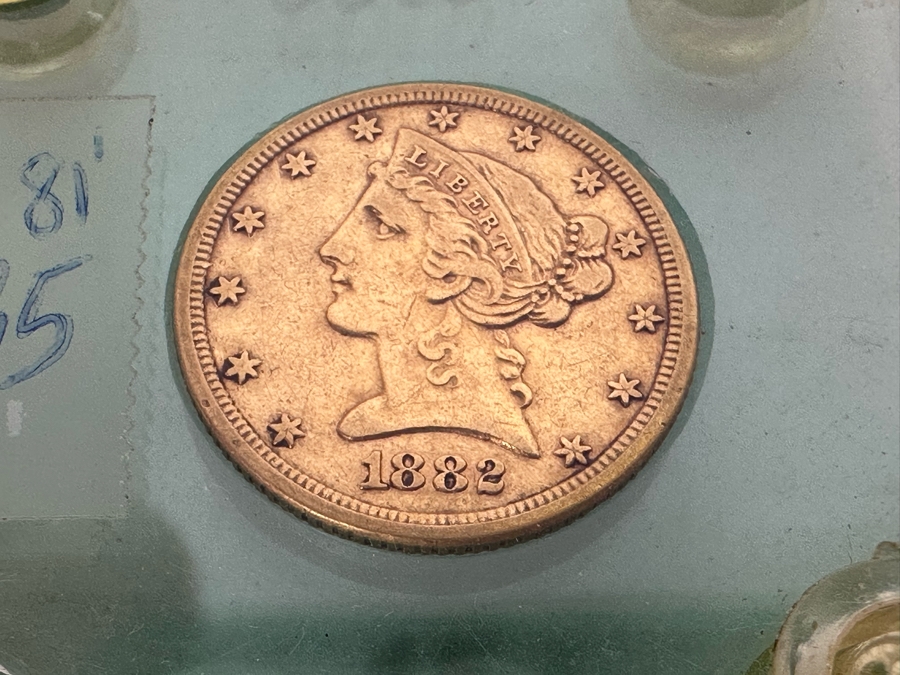 Antique 1882 United States Five Dollar Liberty Head Half Eagle Gold Coin Ungraded In Protective Case [Photo 1]