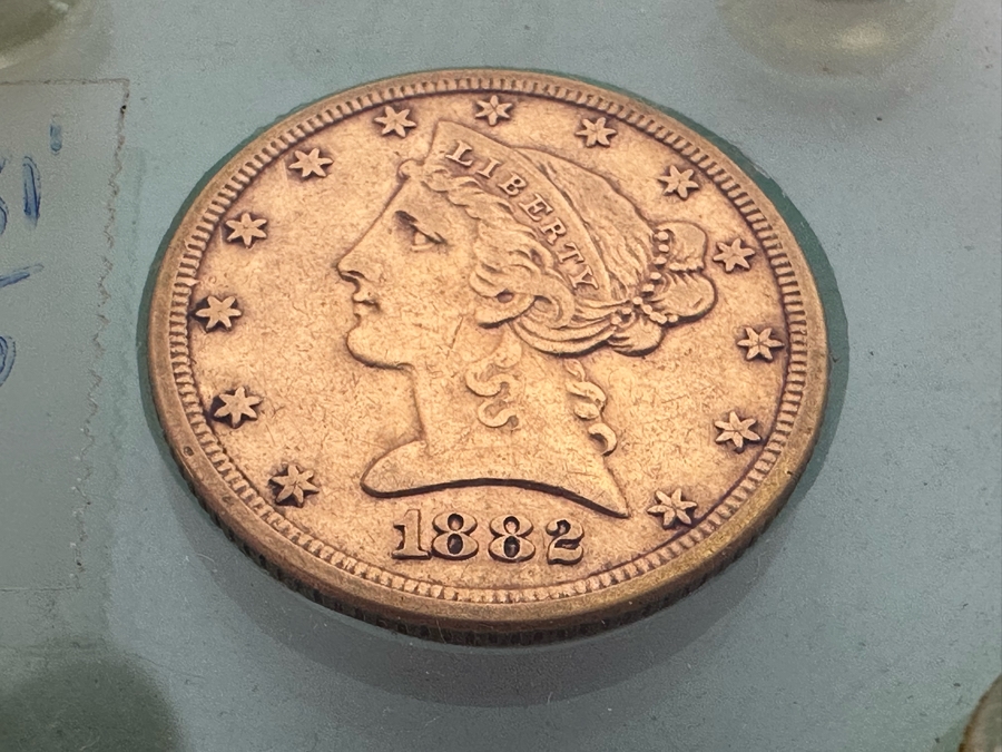 Antique 1882 United States Five Dollar Liberty Head Half Eagle Gold Coin Ungraded In Protective Case [Photo 2]