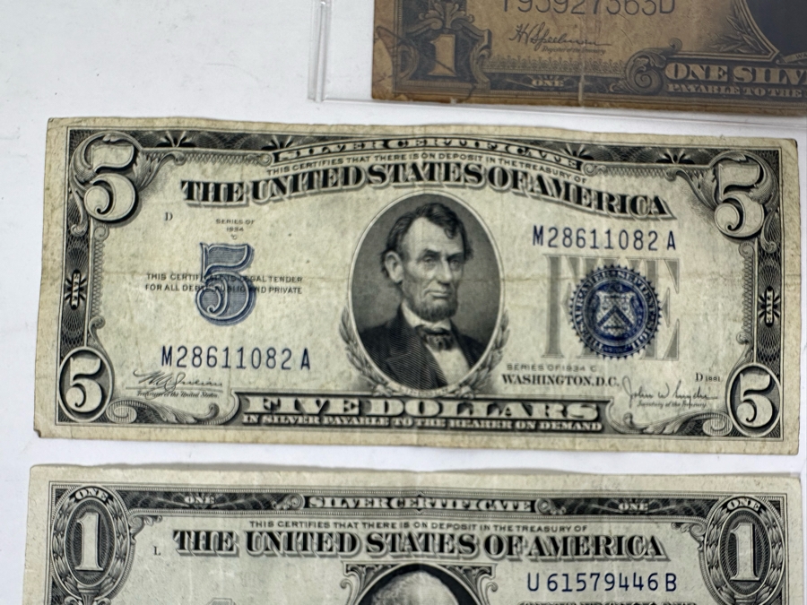 (7) $1 Silver Certificates From 1923, 1935, 1957 And (1) $5 Silver Certificate 1934 [Photo 4]