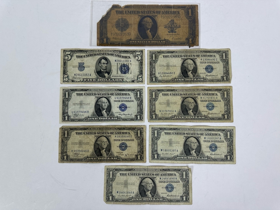 (7) $1 Silver Certificates From 1923, 1935, 1957 And (1) $5 Silver Certificate 1934