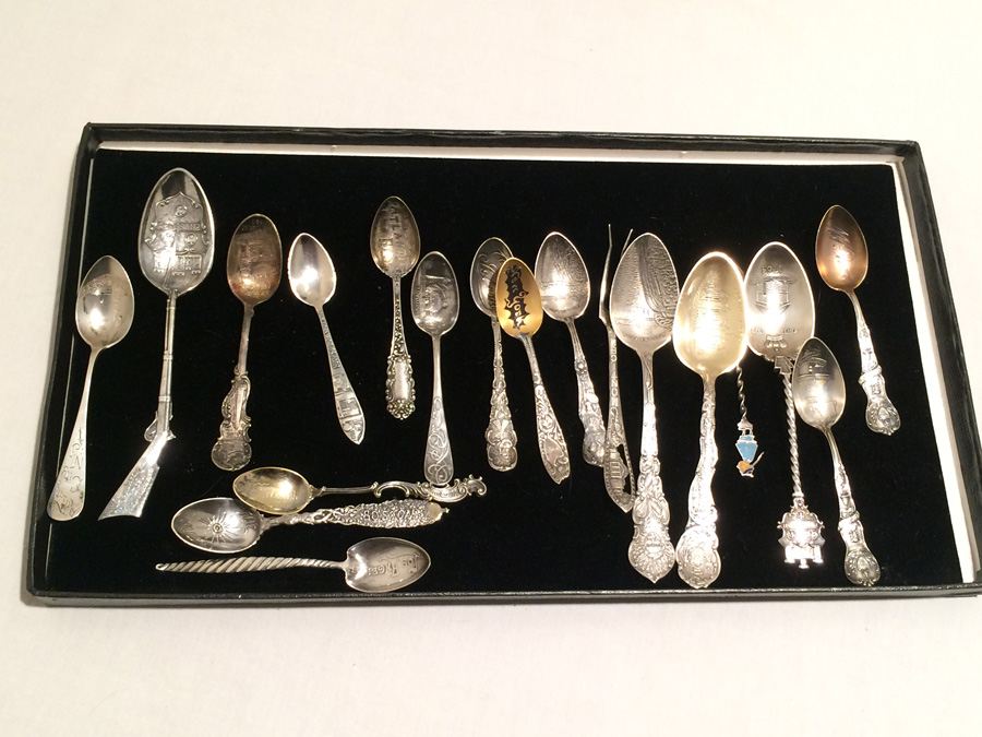 Huge Lot of 19 Silver Vintage Souvenir Spoons