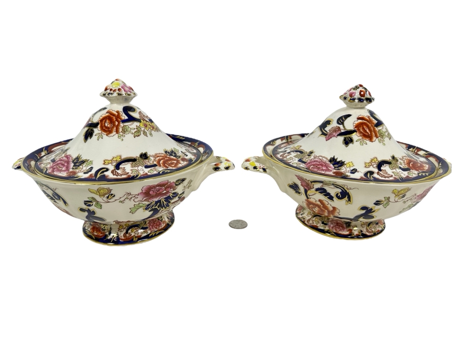 Mason's Ironstone Mandalay Pattern Blue Multicolor Footed Bowls With Lids, A Pair 11W X 7H