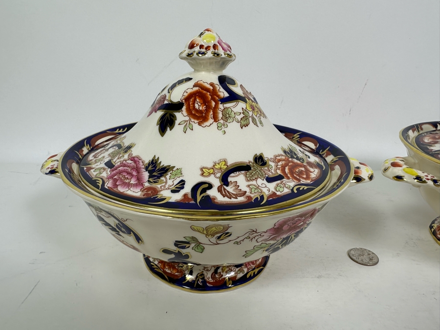 Mason's Ironstone Mandalay Pattern Blue Multicolor Footed Bowls With Lids, A Pair 11W X 7H [Photo 2]