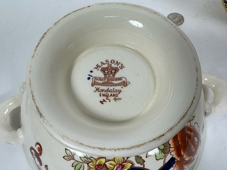Mason's Ironstone Mandalay Pattern Blue Multicolor Footed Bowls With Lids, A Pair 11W X 7H [Photo 5]