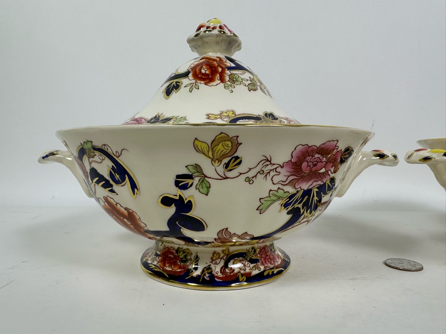 Mason's Ironstone Mandalay Pattern Blue Multicolor Footed Bowls With Lids, A Pair 11W X 7H [Photo 3]