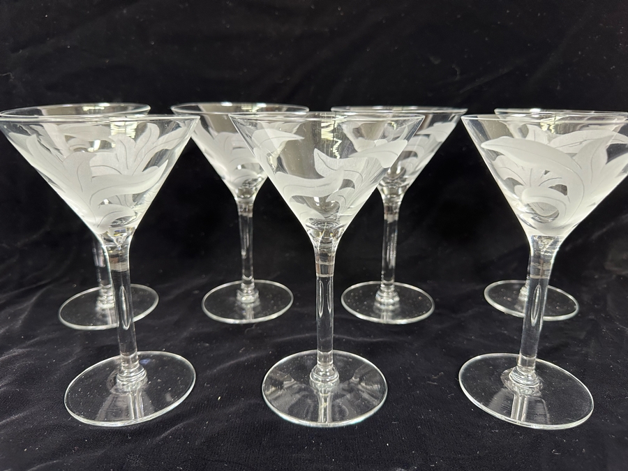 Seven Vintage Etched Stemware Glasses 6.5H [Photo 2]