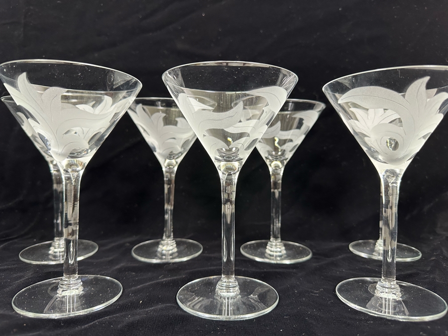 Seven Vintage Etched Stemware Glasses 6.5H