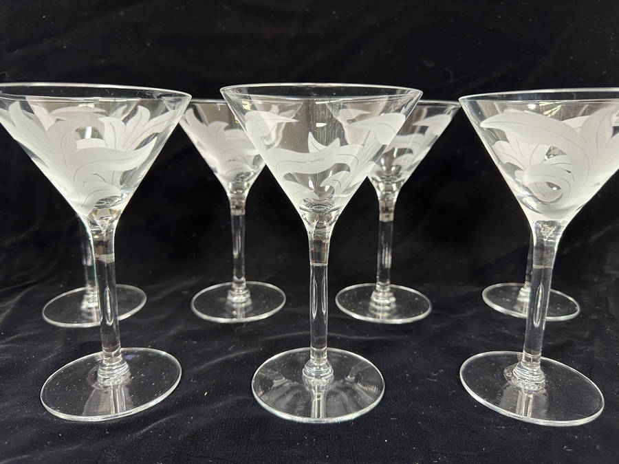 Seven Vintage Etched Stemware Glasses 6.5H [Photo 1]