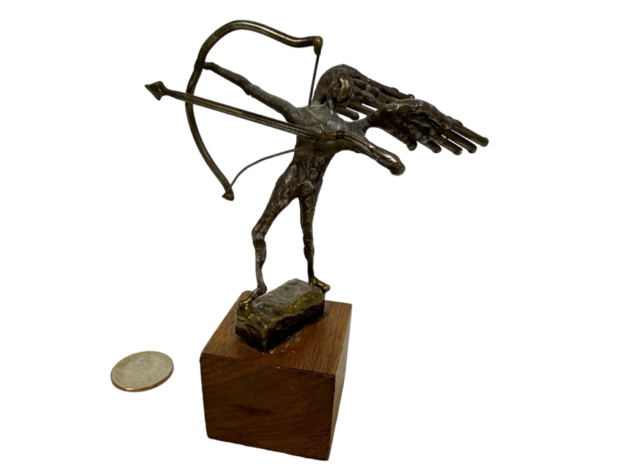 Vintage 1971 Signed Metal Sculpture On Wooden Base 5H [Photo 1]