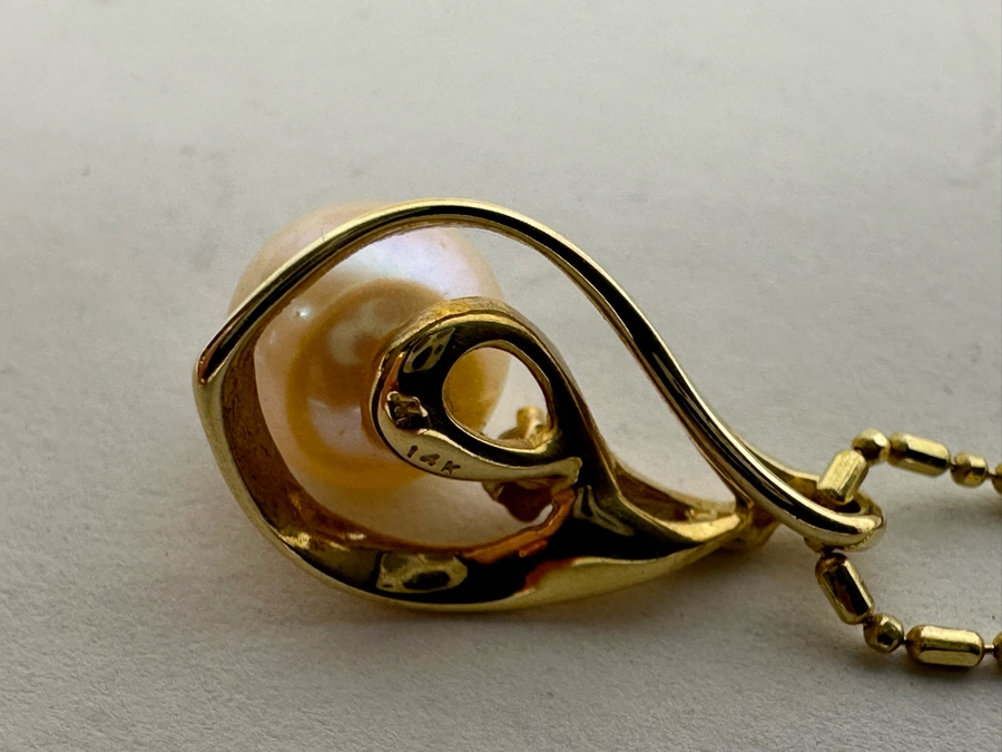 14K Gold Pearl Pendant With 14K Gold 18' Necklace And Matching 14K Gold Pearl Earrings 6.2g [Photo 9]