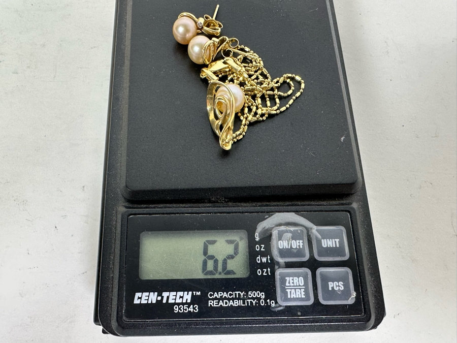 14K Gold Pearl Pendant With 14K Gold 18' Necklace And Matching 14K Gold Pearl Earrings 6.2g [Photo 12]