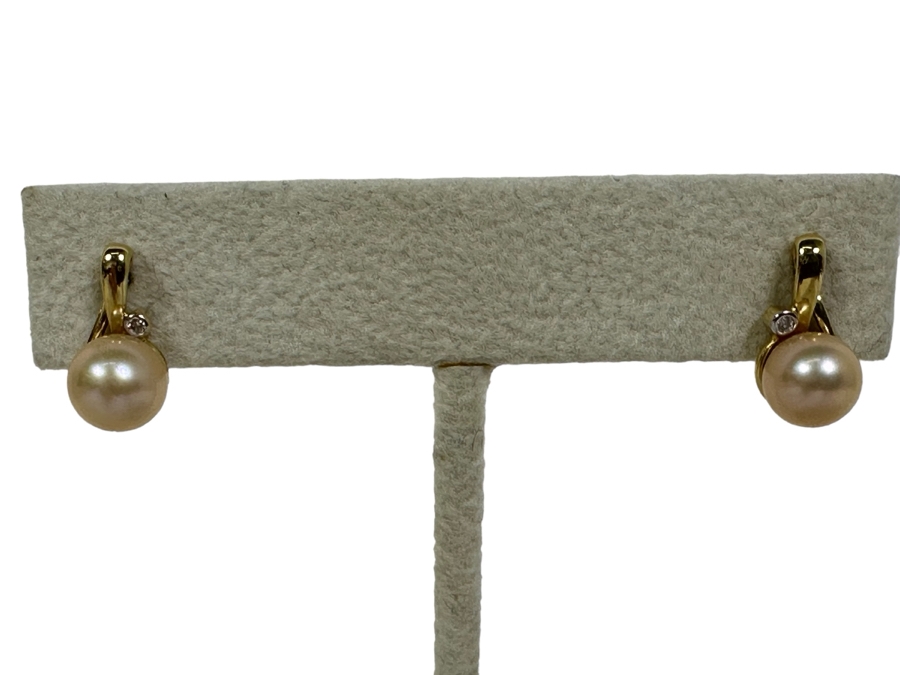 14K Gold Pearl Pendant With 14K Gold 18' Necklace And Matching 14K Gold Pearl Earrings 6.2g [Photo 3]