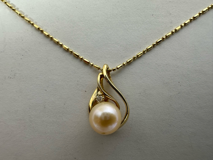 14K Gold Pearl Pendant With 14K Gold 18' Necklace And Matching 14K Gold Pearl Earrings 6.2g [Photo 5]