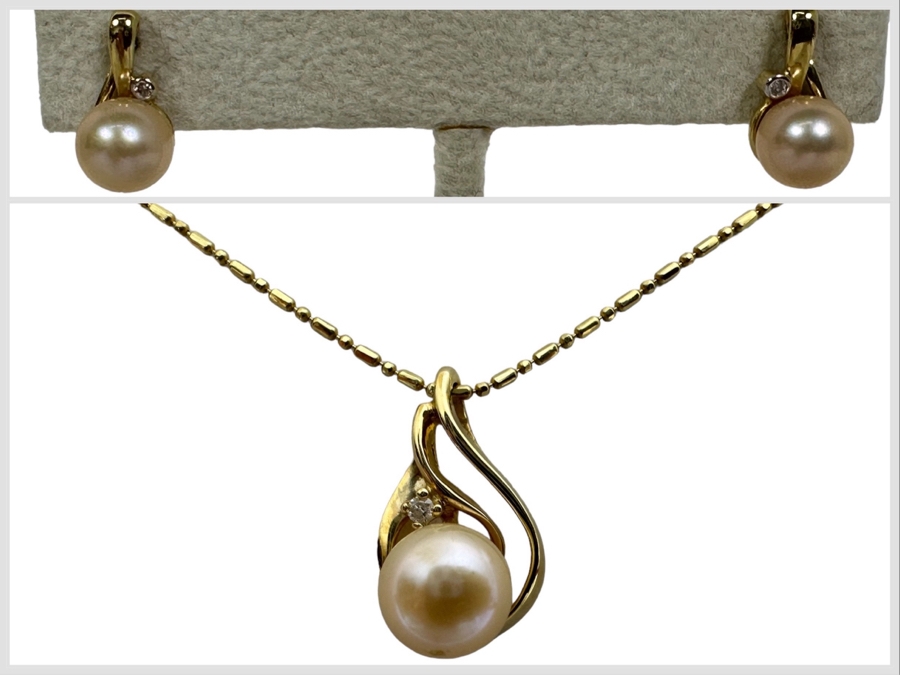 14K Gold Pearl Pendant With 14K Gold 18' Necklace And Matching 14K Gold Pearl Earrings 6.2g [Photo 1]
