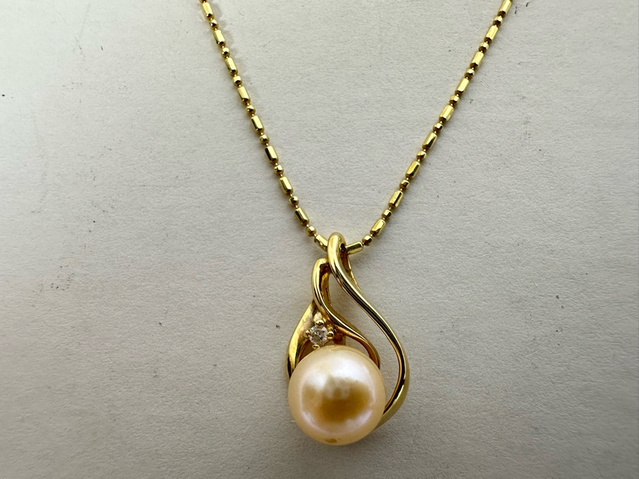 14K Gold Pearl Pendant With 14K Gold 18' Necklace And Matching 14K Gold Pearl Earrings 6.2g [Photo 7]