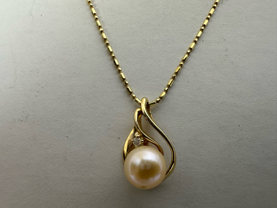 14K Gold Pearl Pendant With 14K Gold 18' Necklace And Matching 14K Gold Pearl Earrings 6.2g [Photo 6]